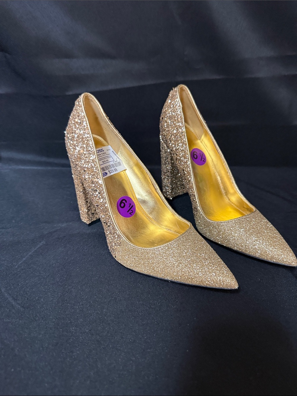Guess Gold Glitter Pointed Toe Block Heel Pumps